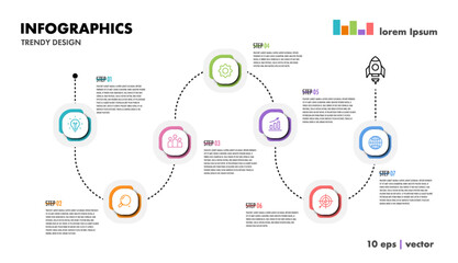 Timeline 7 steps infograph progress trendy color style for presentation, start up project, business strategy, theory basic operation, logic analysis vector 10 eps
