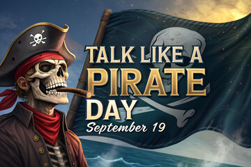 Talk Like A Pirate Day Illustration – Skeleton Pirate, Flag & Stormy Sea Adventure
