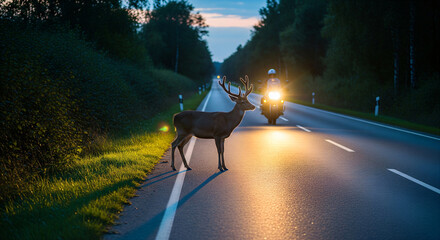 A deer stands on a rural road at sunset with a motorcycle approaching in the background.
