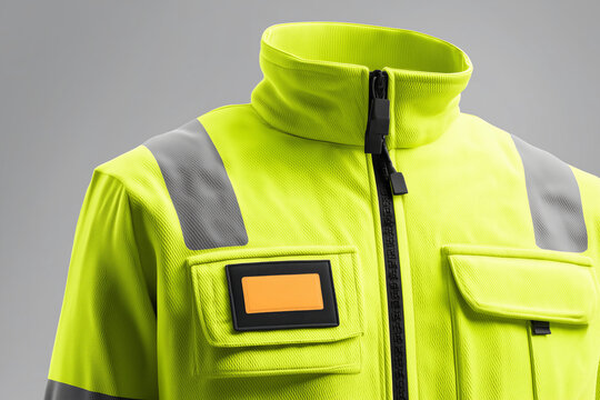 High-visibility jacket mockup featuring a blank name patch for customization in industrial or outdoor settings during daytime activities