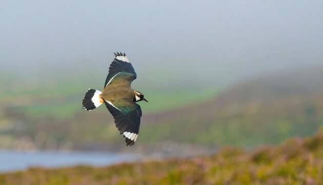 A bird in flight, against a hazy landscape