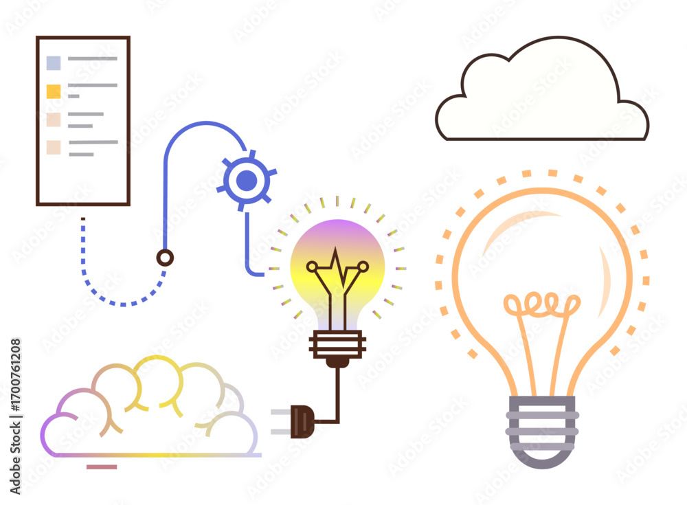 Poster lightbulbs connected to a workflow outline, gear symbol, and digital cloud, emphasizing creativity, 