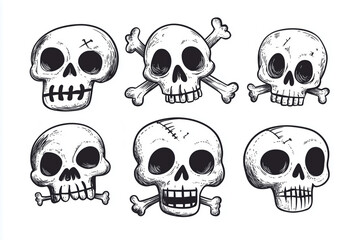 Unique collection of hand-drawn skull illustrations featuring different expressions and bone designs ideal for Halloween decorations or artistic projects