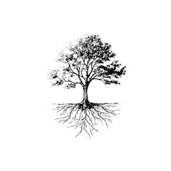 A detailed black and white drawing of a tree with visible roots and a full canopy on a white background