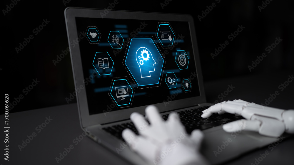 Poster ai or human-driven skill acquisition and training with icons of knowledge, goals, task management, a