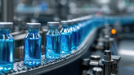 Premium photo of automated conveyor with blue medical vials in glass bottles pharmaceutical production line in sterile factory environment industrial automation for vaccine or.