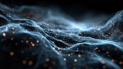 Abstract rendering of network connections with blue lines, nodes, and gold particle lights, data streams and digital wave forms