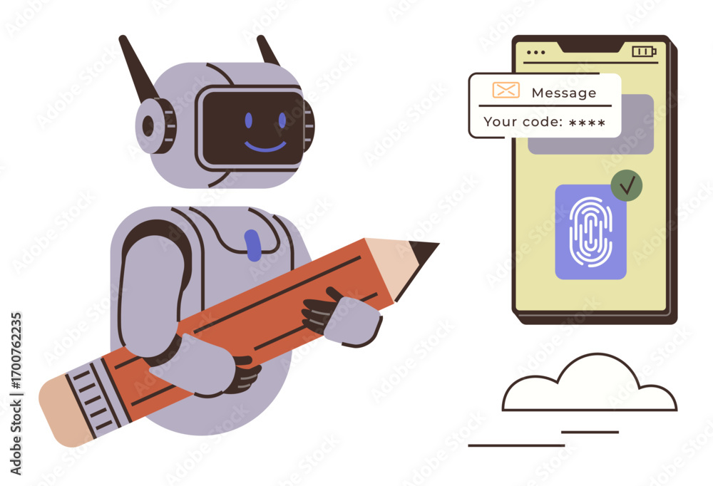 Poster robot with pencil symbolizing creativity and technology alongside phone showing secure login. ideal 