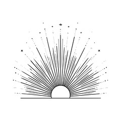 Illustration of a rising sun with radiating lines and star accents in a black and white minimalist style
