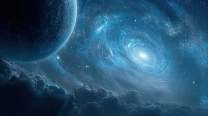 spaceship approaches a swirling blue planet with a cosmic nebula