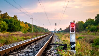 Railroad tracks extend into a landscape at sunset, with a red signal light warning of potential danger.