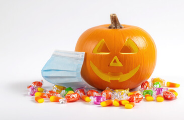 A carved Halloween jack-o'-lantern wearing a medical face mask, surrounded by a pile of colorful candy on a white background.