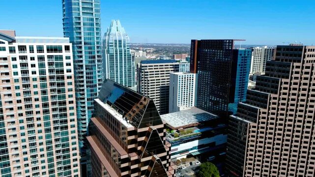 Close up view of the modern skyscrapers in downtown austin, texas on a sunny day