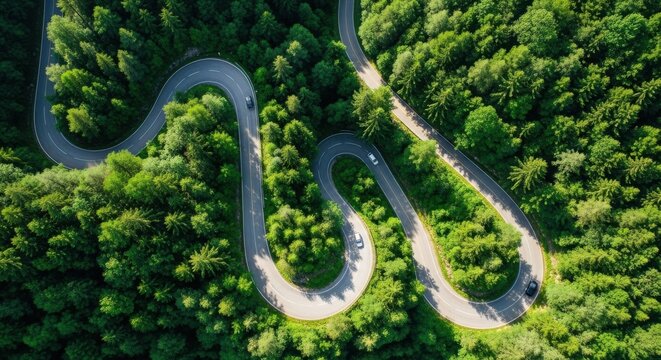 An aerial view of a winding road snaking through a lush, dense green forest - Powered by Adobe