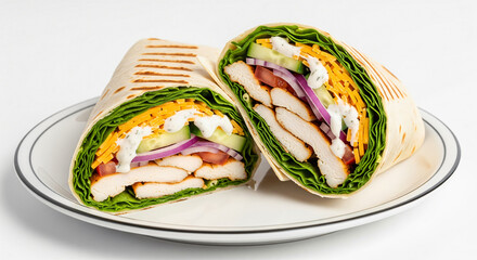 A wrap sandwich cut in half with chicken, cheddar cheese, red onion, cucumber, lettuce, and dressing on a plate.