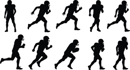 American football player running sequence silhouettes, athlete motion poses, sports illustration, sprint stages, helmet, shoulder pads, speed, action, training reference
