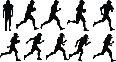 American football player running sequence silhouettes, athlete motion poses, sports illustration, sprint stages, helmet, football, speed, action, training, game reference
