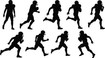 American football player running silhouettes, athlete motion poses, sports illustration, sprint stages, helmet, football gear, speed, action, training, game reference