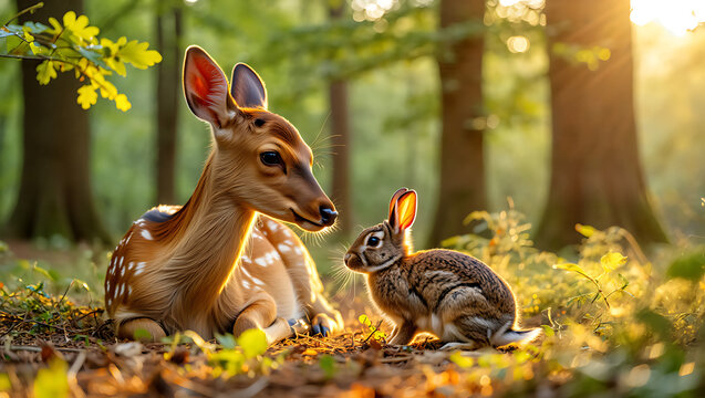 A young fawn and a rabbit sit peacefully in a sundappled forest clearing during golden hour - Powered by Adobe
