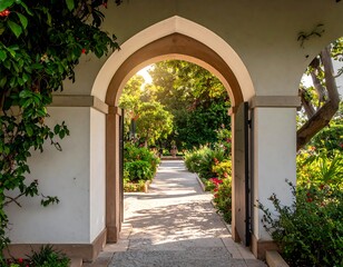 Fototapeta premium A sun-drenched archway opens onto a tranquil garden path lined with vibrant blooms and lush greenery.