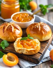 Apricot jam and rolls, fresh and sweet