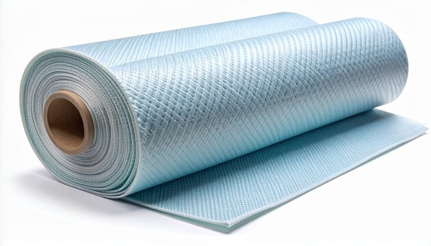 Fiberglass roll of woven fabric cloth on a white background. This is a composite material used in industry for reinforcement and manufacturing.
