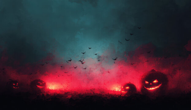 Spooky Halloween pumpkins glowing with eerie red light amidst dark, smoky clouds with silhouetted birds flying overhead.
