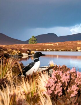 A black and white bird by a serene lake in a mountainous landscape