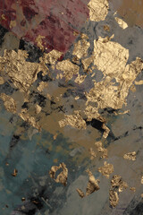 Torn, ripped gold paper pieces collage. Art smear brush stroke blot painting wall. Abstract texture background.