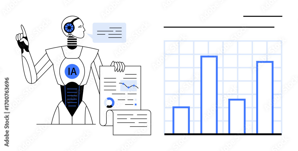 Poster robot with artificial intelligence explains analytical data using bar charts and documents. ideal fo