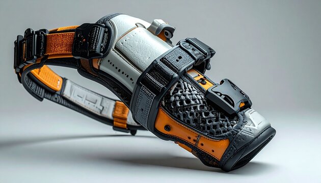 Gauntlet of a futuristic soldier or cyborg. A piece of advanced robotic armor on a gray background.