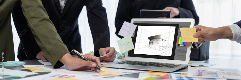 Poster analyst team use sticky note for creative and analytic brainstorm for business idea with bi data das