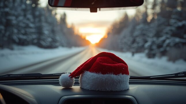 Santa hat on car dashboard during winter road trip at sunset, festive Christmas holiday travel concept, scenic snowy forest drive with seasonal decoration and New Year journey theme