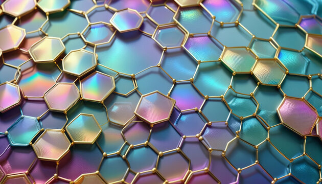 A glassy background of irregular hexagons with a subtle iridescent sheen and gold trim. Geometric. Gradient. Imperfection.淡い虹色の光沢と金色の縁取りのある不規則な六角形のガラス模様の背景。幾何学的。グラデーション。不完全。