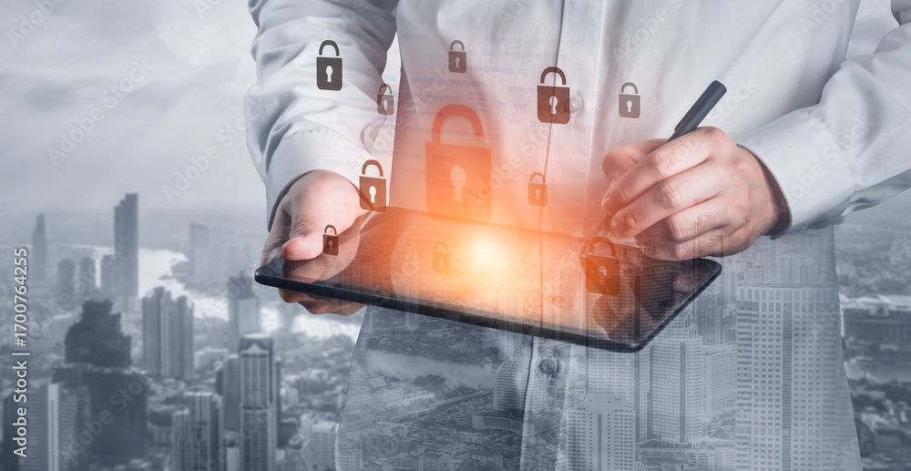 Poster digital security concept illustrating a cybersecurity breach, with a red unlocked padlock indicating