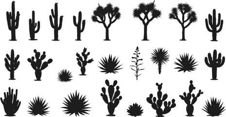 Desert cactus silhouettes, agave and yucca plants, black vector collection, wild west flora, southwestern botanical clipart set