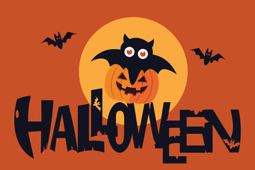 Halloween Illustration with Pumpkin, Bat, and Full Moon on Orange Background