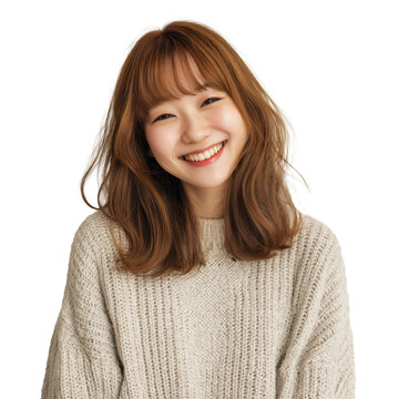 Smiling and happy young gen z Asian woman with brunette hair and beige sweater, isolated on white or transparent background