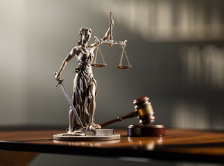 Legal Concept: Themis is the goddess of justice and the judge's gavel hammer as a symbol of law and order on the background of books © Sikov