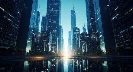Futuristic Cityscape with Gleaming Skyscrapers and Reflective Streets at Dawn