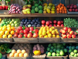 Colorful display of fruit in baskets, including apples, oranges, and pears