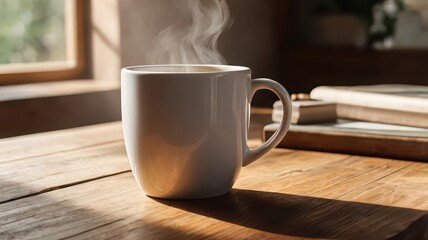 Steaming cup of coffee on a wooden table near a window with sunlight