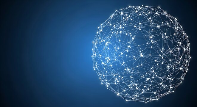Abstract Digital Network Sphere Glowing with Connections and Data Flow Across a Blue Background