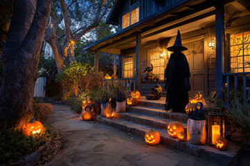 Obraz premium Halloween house with pumpkins and a witch on the porch at night.