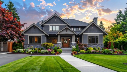 A stunning modern house with meticulous landscaping and a driveway, bathed in the warm light of the golden hour.