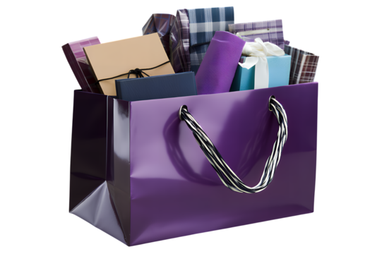 A full purple shopping bag overflowing with various gift wrapped presents and shopping items isolated on transparent background - Powered by Adobe
