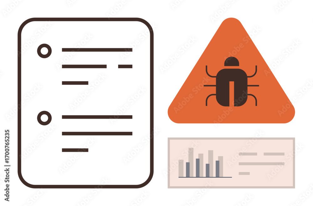 Poster bug warning in orange triangle, checklist with items, and bar graphs for system analysis. ideal for 