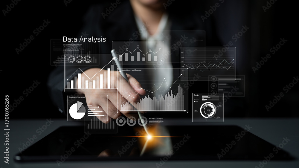 Poster business data analysis dashboard showing charts, statistics, and performance metrics for decision-ma