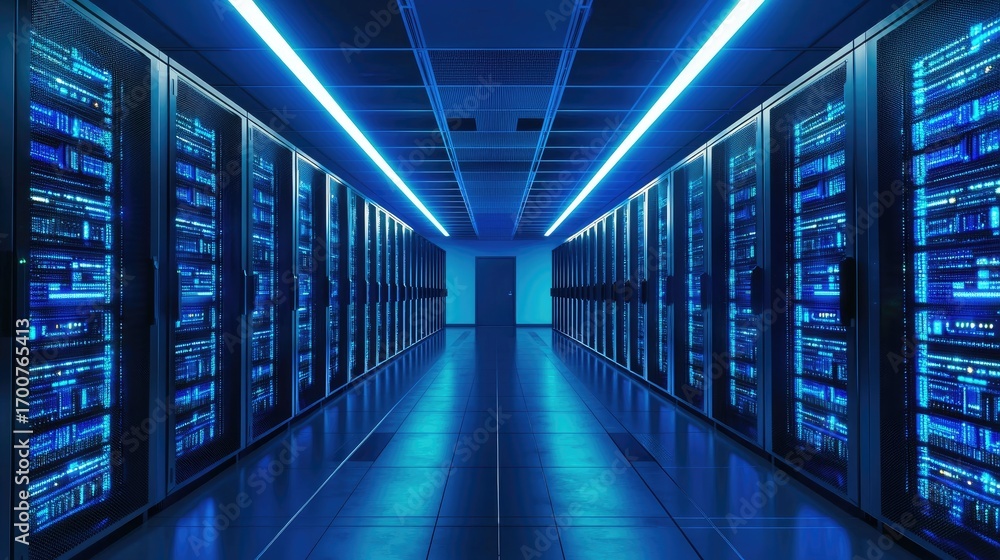 Aufkleber futuristic data center with rows of glowing blue server racks and reflective floor, ideal for cloud 
