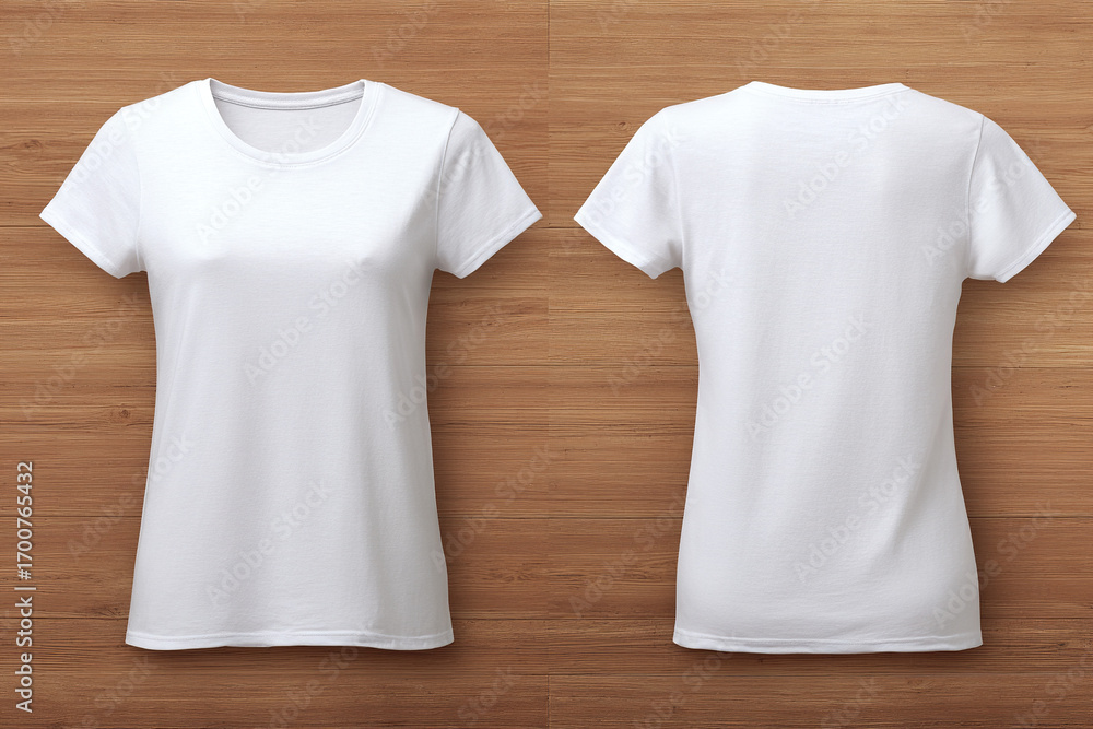 Poster white round neck t-shirt mock up displayed on a wooden surface. front and back view for easy customi